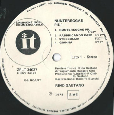 Rino Gaetano : Nuntereggae Più (LP, Album, Promo)
