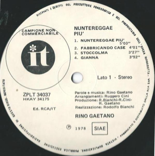 Rino Gaetano : Nuntereggae Più (LP, Album, Promo)