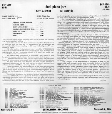 Dave McKenna / Hall Overton : Dual Piano Jazz (LP, Mono, RE)