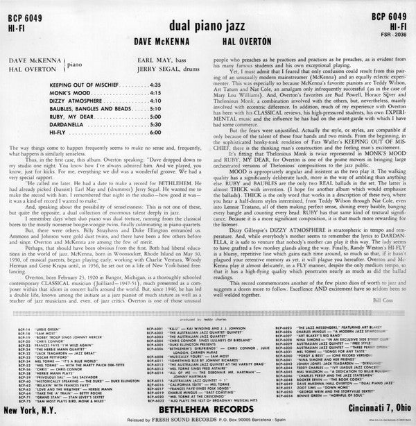 Dave McKenna / Hall Overton : Dual Piano Jazz (LP, Mono, RE)